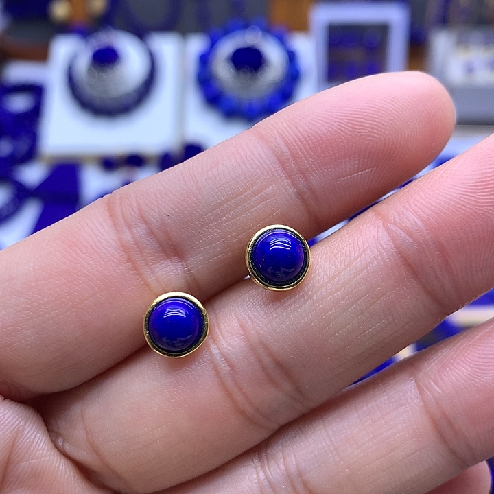 青金石耳钉银S925镀金镶嵌