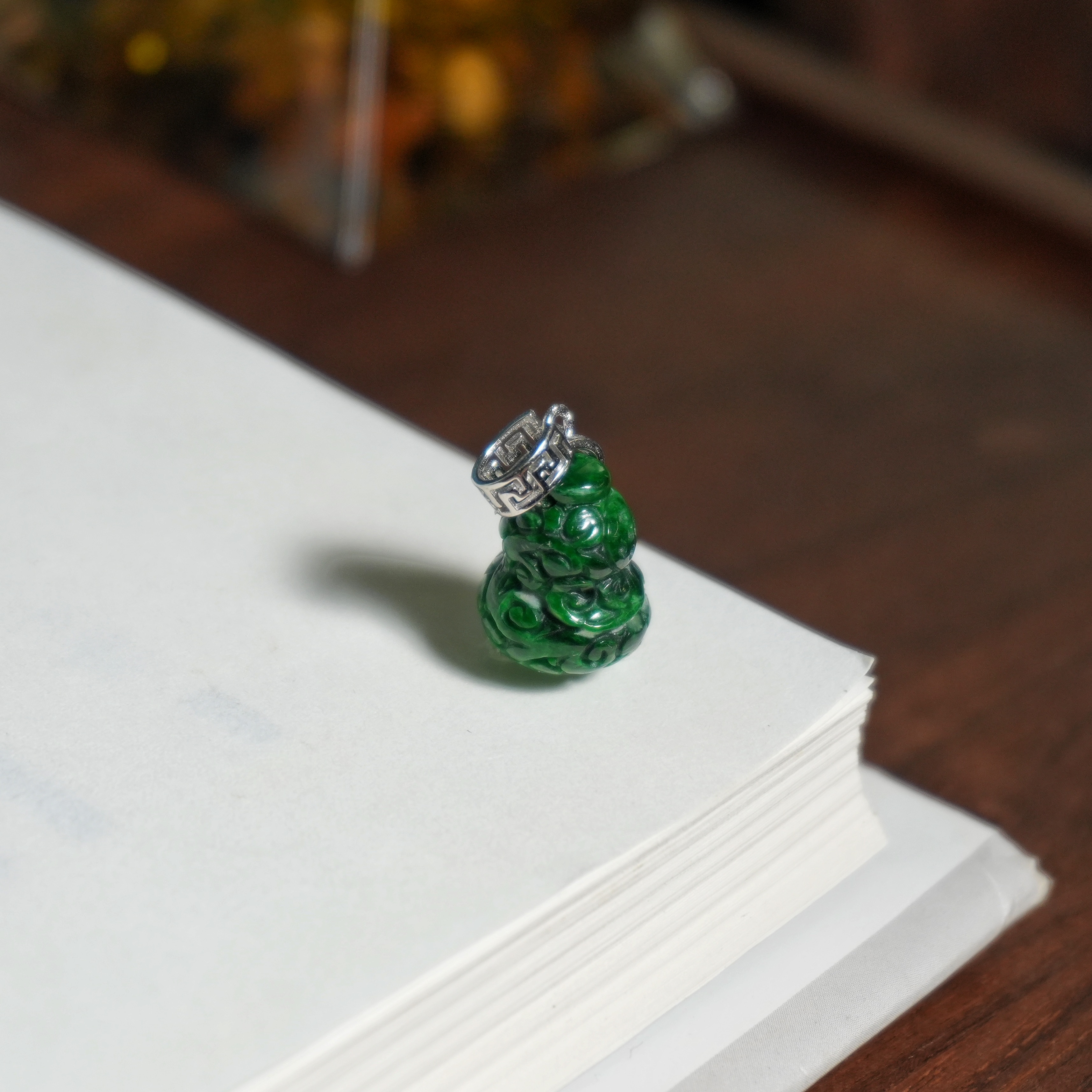 C1428 翡翠银925镶嵌 回纹银扣干青葫芦吊坠