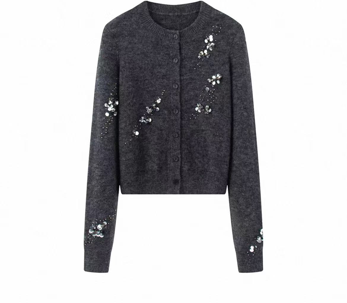 【亮片】针织女毛针织衫钻饰绞花针织开衫轻奢秋冬圆领3130