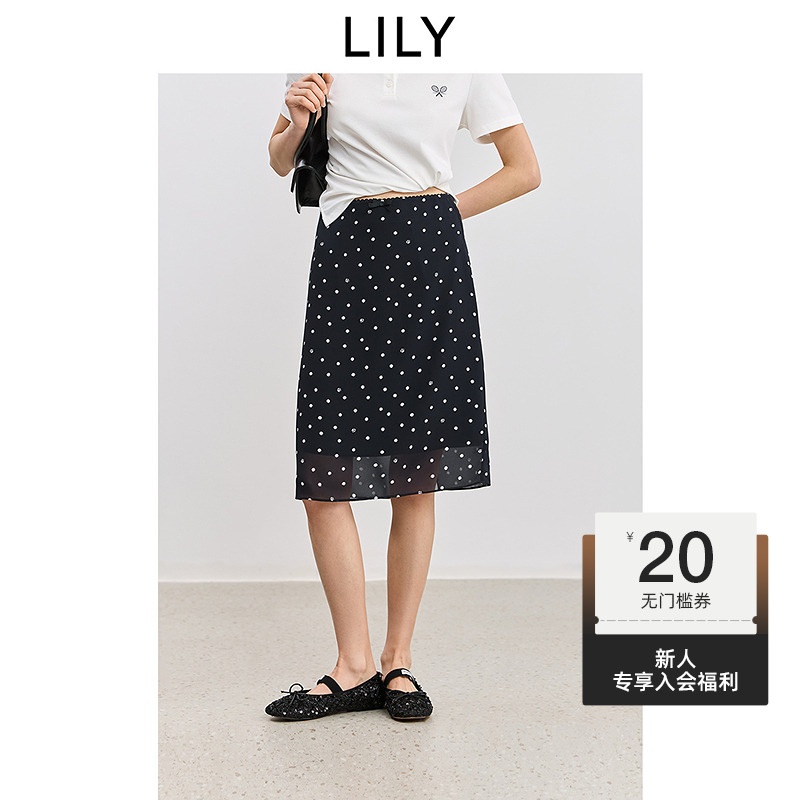 LILY2025秋新款法式复古波点蕾丝高腰直筒裙半身裙女125329C6948
