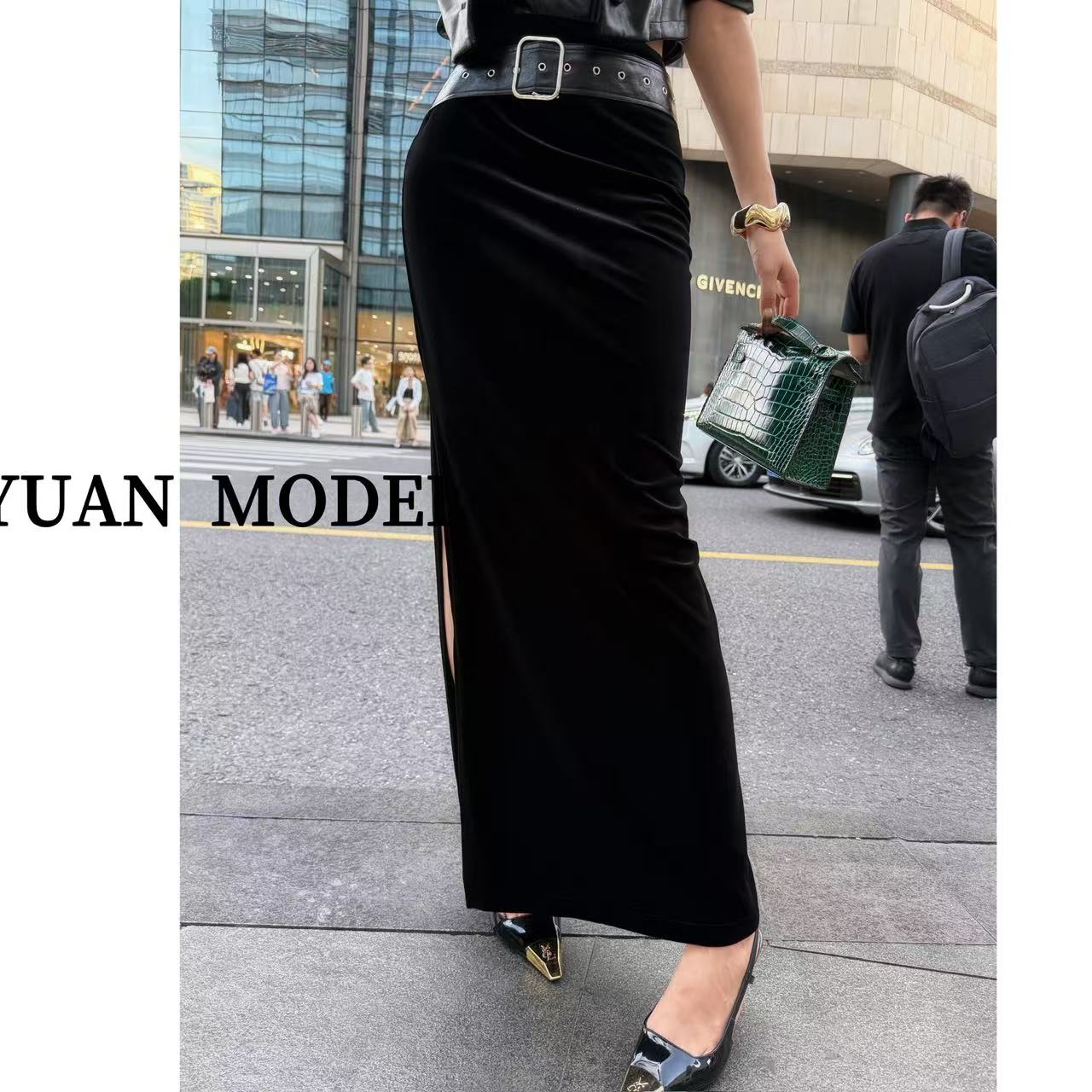 YUAN MODEL/媛老板-时装腰带拼接黑色气质中长半身裙女装 082302