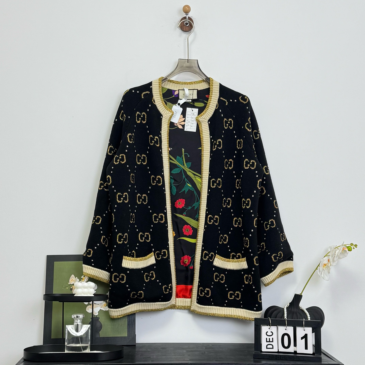 99新 GUCCI/古驰 真丝花卉金线老花满印羊毛开衫外套 M码 