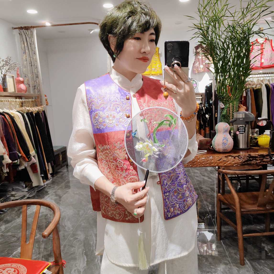 新中式刺绣珠扣马夹背心复古优雅气质坎肩