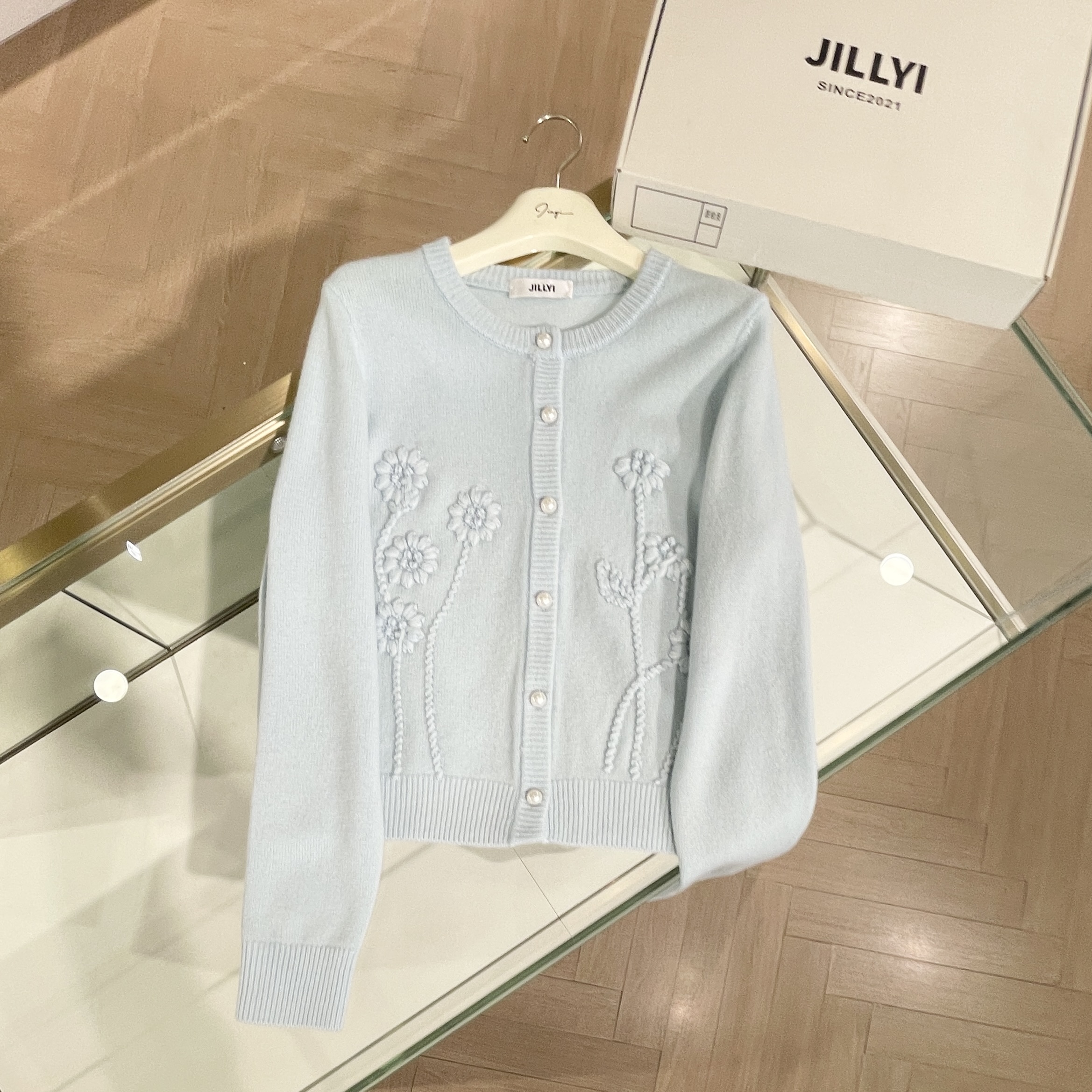 JILLYI【蓝色地中海】蓝色圆领植物花卉百搭开衫秋冬长袖针织衫