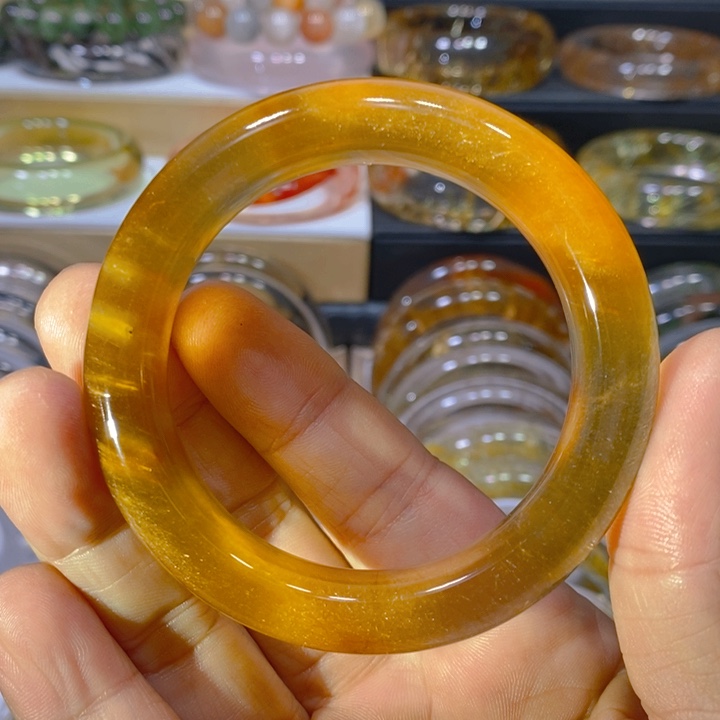 水晶手镯未镶嵌天然黄兔毛水晶手镯53圈口