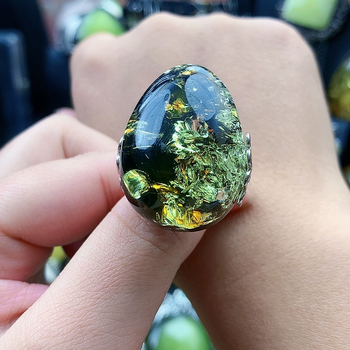 琥珀裸石银S925镶嵌戒指