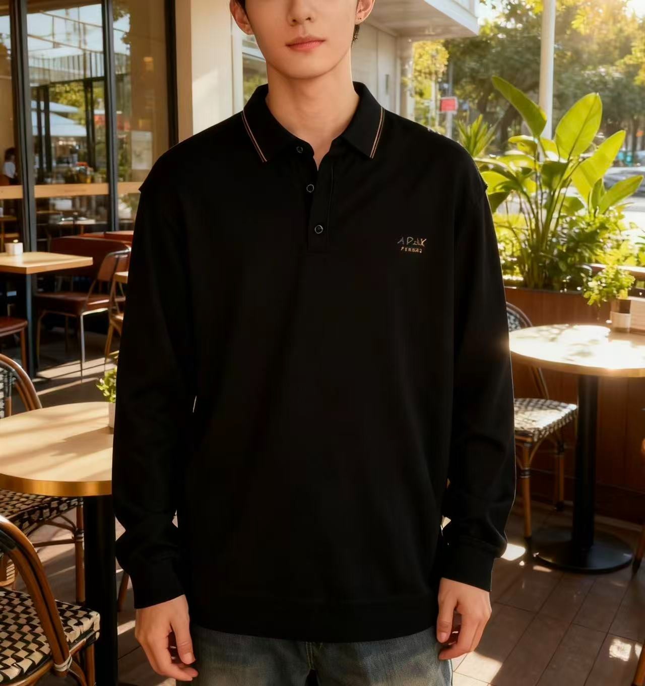 D08男士休闲加绒长袖polo衫男商务休闲保暖