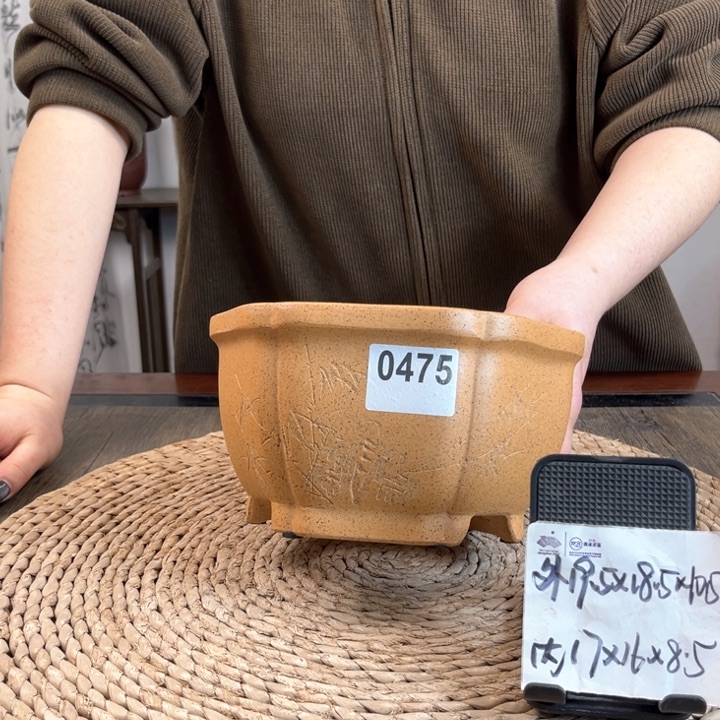 紫砂花盆柴烧竹刻南瓜六方0475