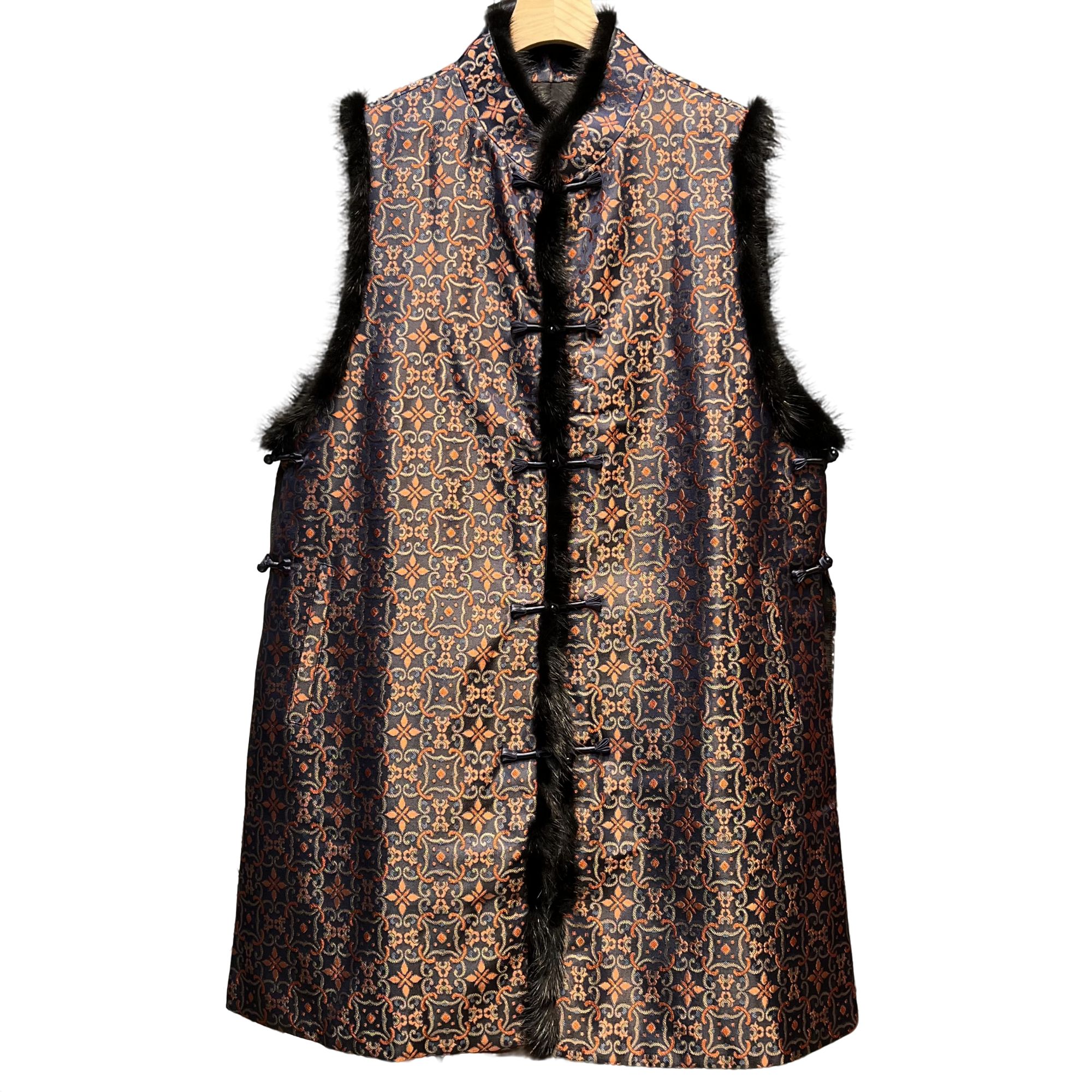 落霞 - 桑蚕丝织锦拼水貂毛夹棉！新中式中长款百搭夹棉背心马甲