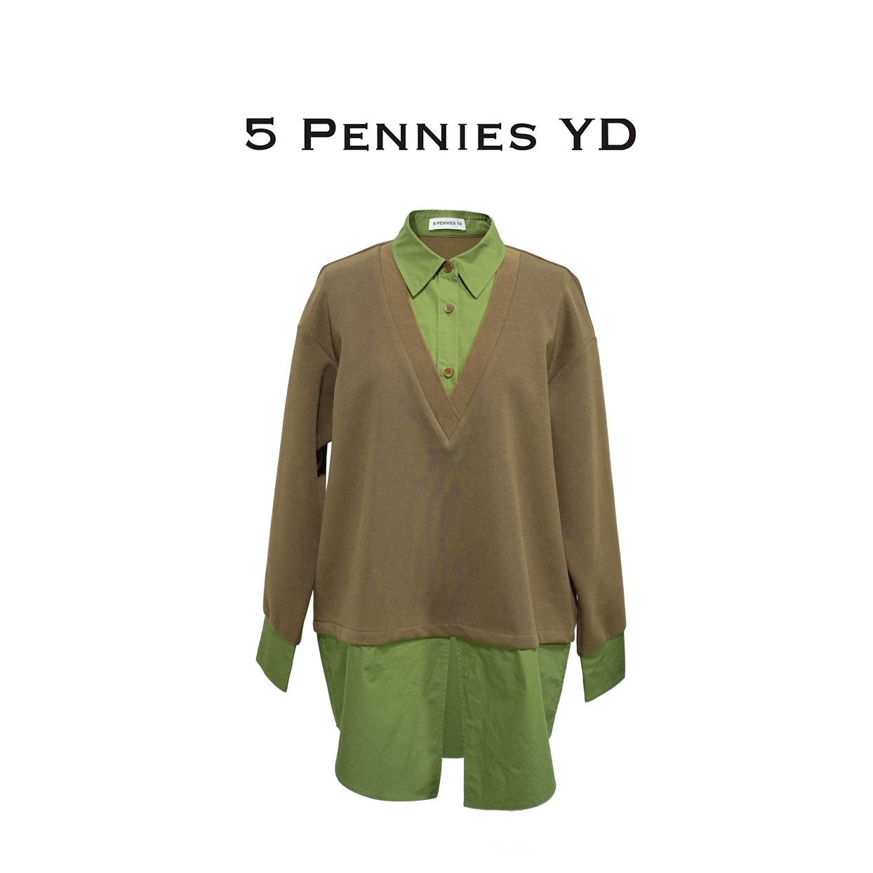5 PENNIES YD设计师款原创秋季宽松休闲撞色假两件上衣5W1025039L