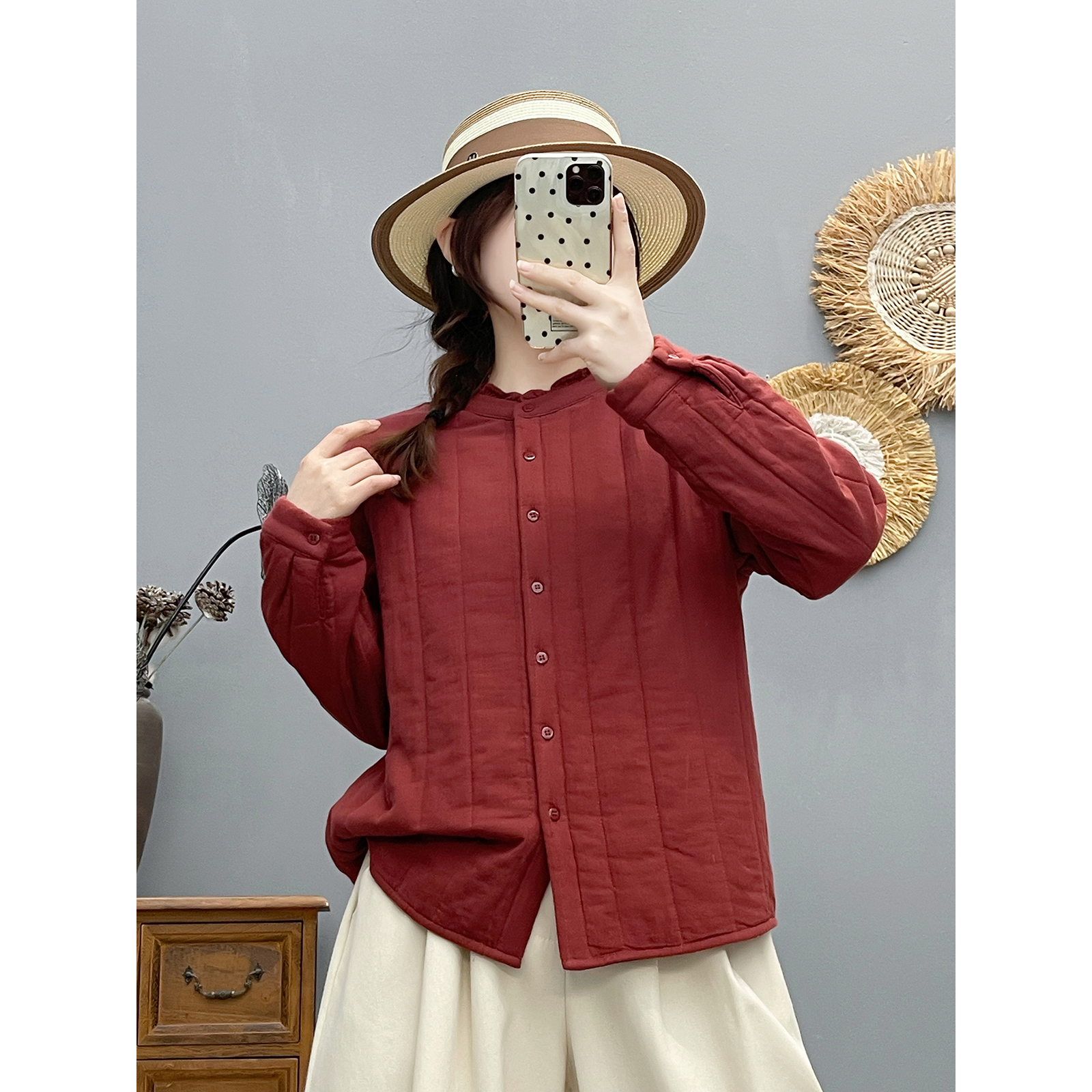 秋冬新款复古文艺花边领夹棉衬衫女休闲加厚上衣百搭棉衣棉服外套