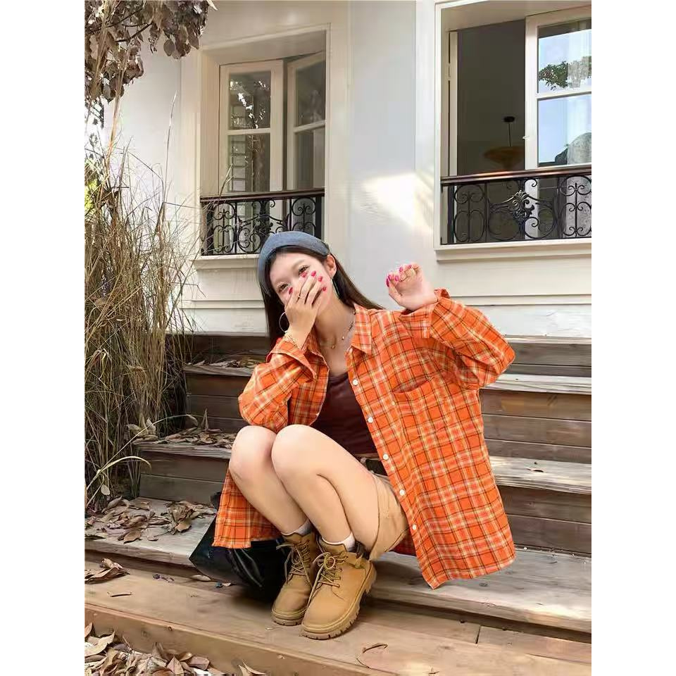 韩版春秋款格纹polo领长袖衬衫新款宽松显瘦休闲高级感衬衣8710