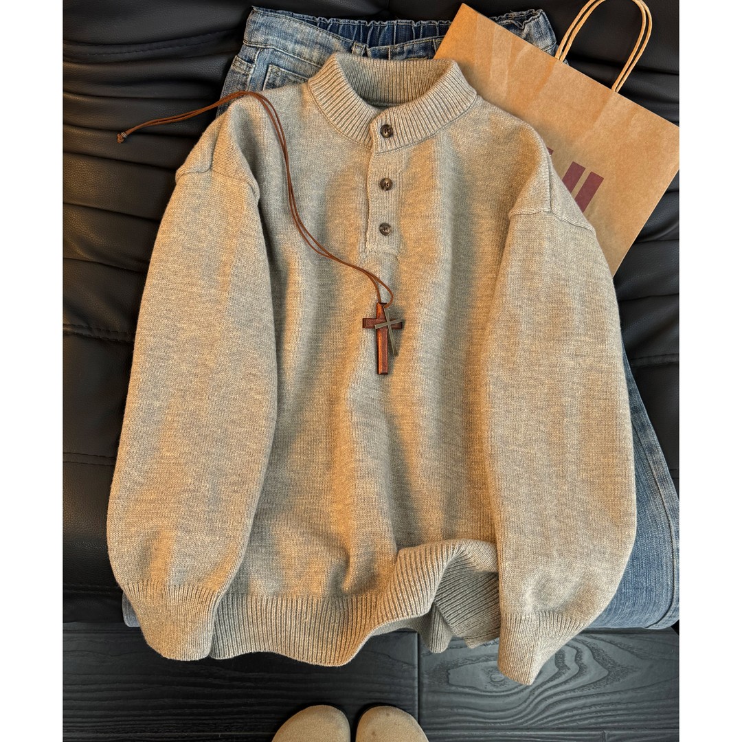 浅灰色亨利领毛衣男秋冬美式复古老钱风针织衫内搭cleanfit打底衫