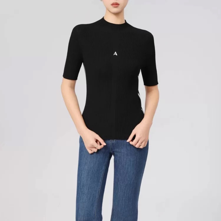 【商场同款】夏季新款简约竖坑条修身气质显瘦短袖针织衫女538063