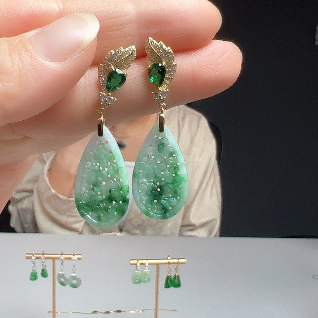 翡翠银S925镶嵌耳饰天然翡翠