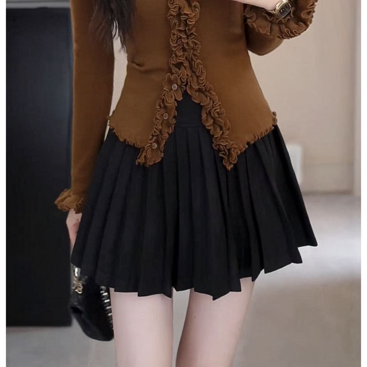 YUANLIANSU/圆脸酥【暮色微澜】秋冬新款高腰百搭黑色百褶半身裙女