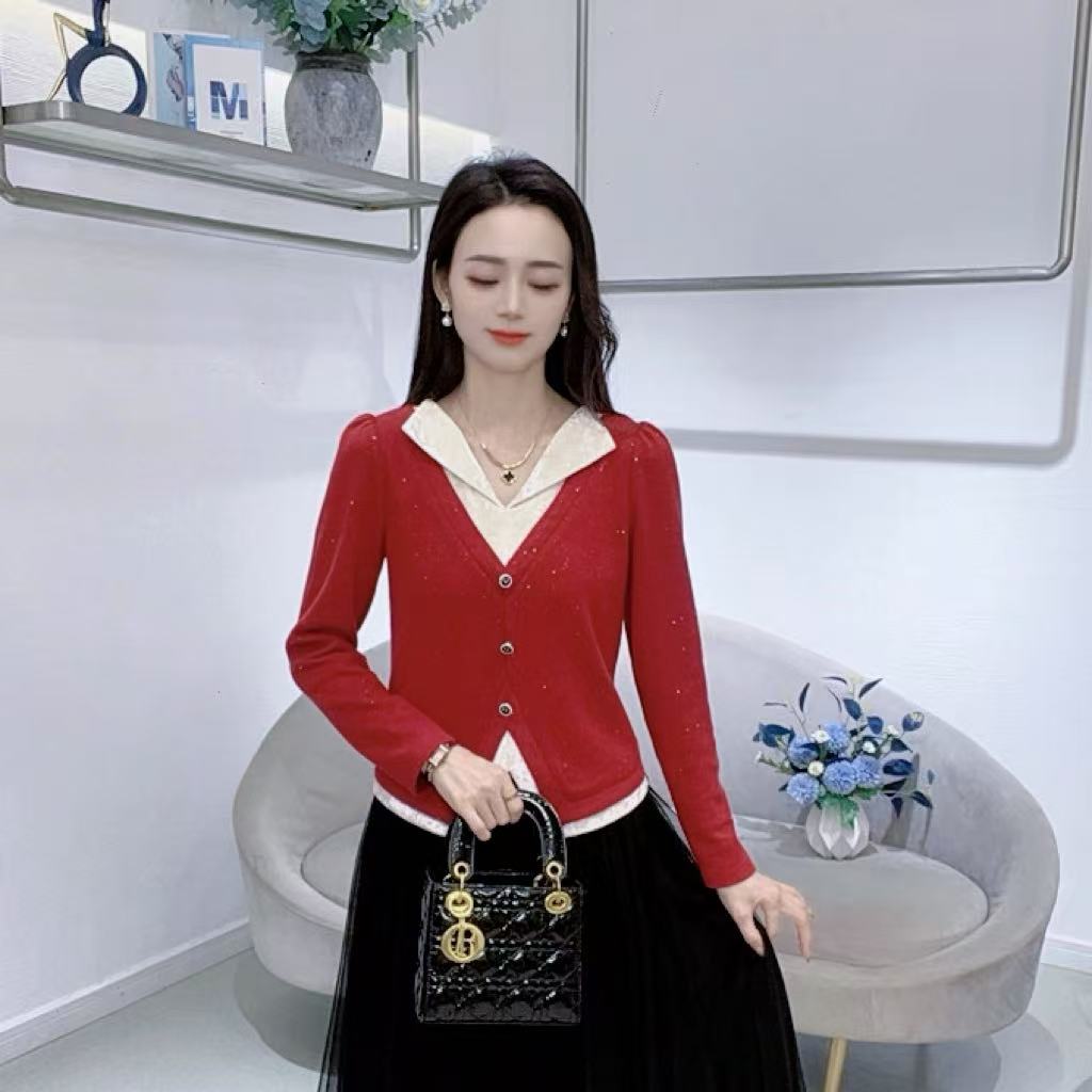 A8886假两件时尚拼接T恤女秋季新款洋气减龄小衫休闲百搭上衣
