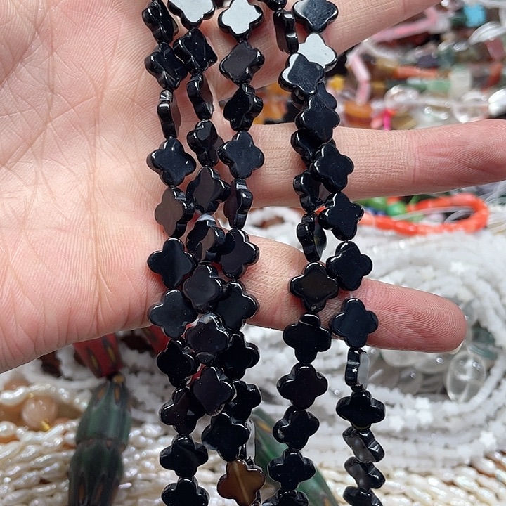 玛瑙/玉髓珠宝半成品未镶嵌一条10mm黑玛瑙四叶草