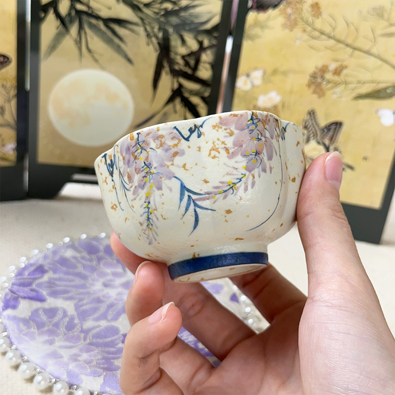 青花火石红焦糖釉手绘紫藤花主人杯喝茶杯子仿古功夫茶具品茗杯