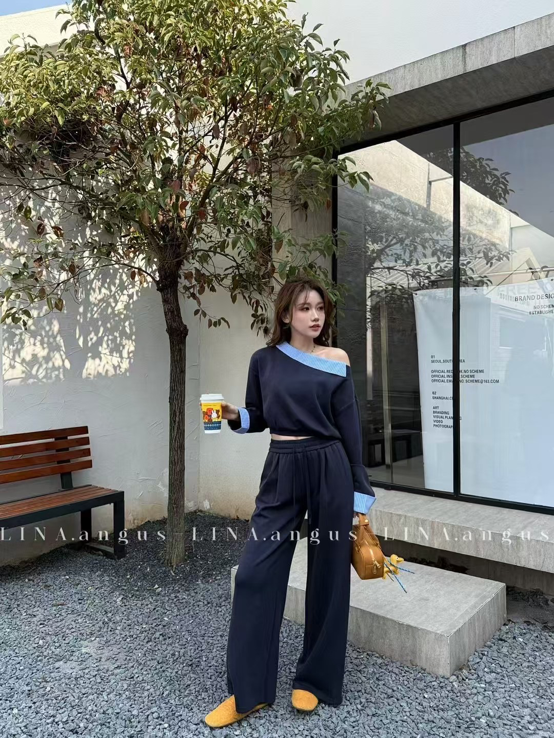 设计感斜肩长袖卫衣长裤套装时尚气质两件套81717