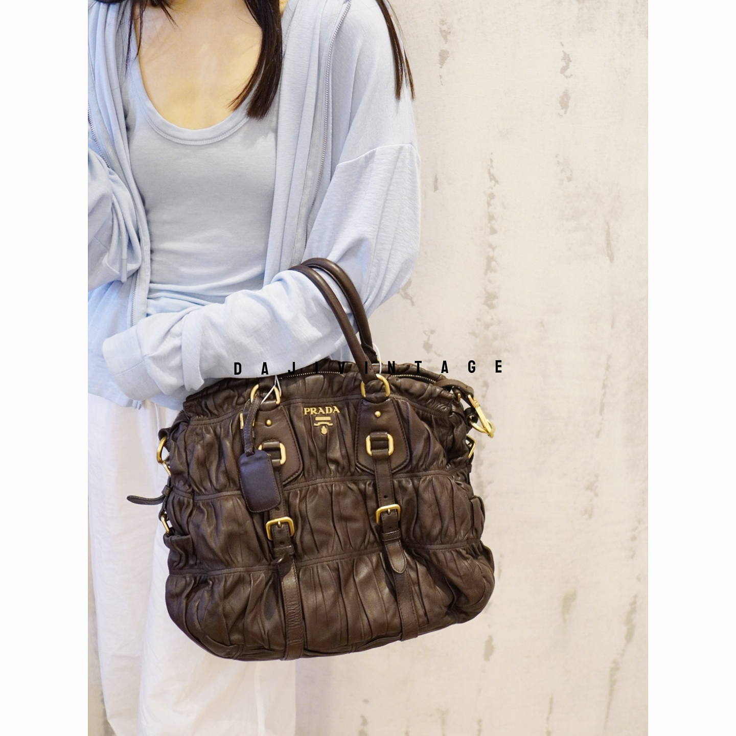 95新 Prada/普拉达 大吉中古/普拉达棕色褶皱托特手提包