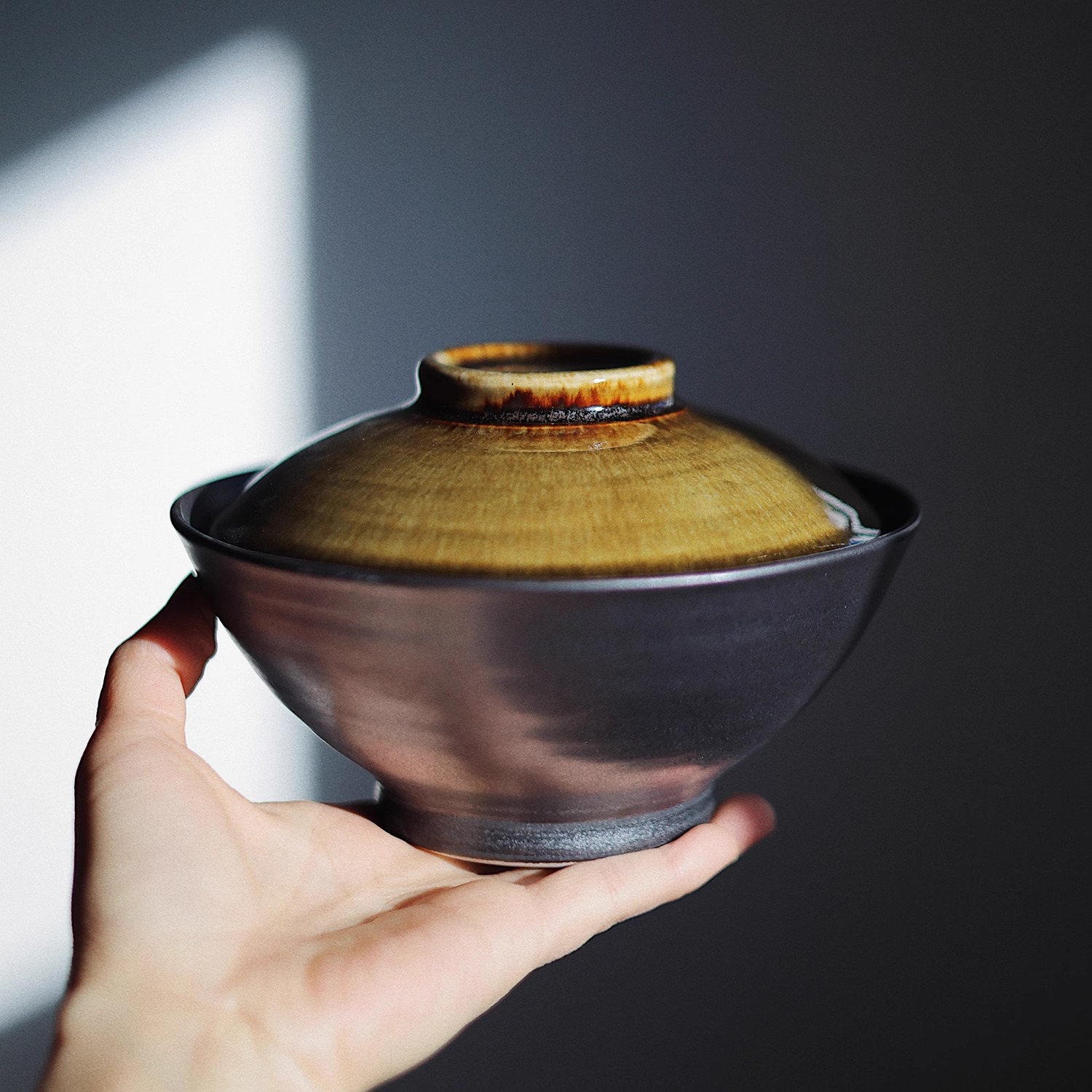 【瑕疵】Camus say带盖丼饭碗-茶棕绿盖配黑色碗 15.8×10.2cm