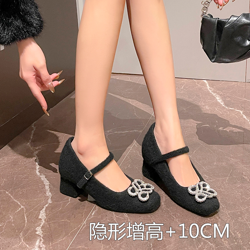 2025秋冬法式水钻扣方头绒面单鞋女内增高粗跟超高跟鞋一脚蹬小码