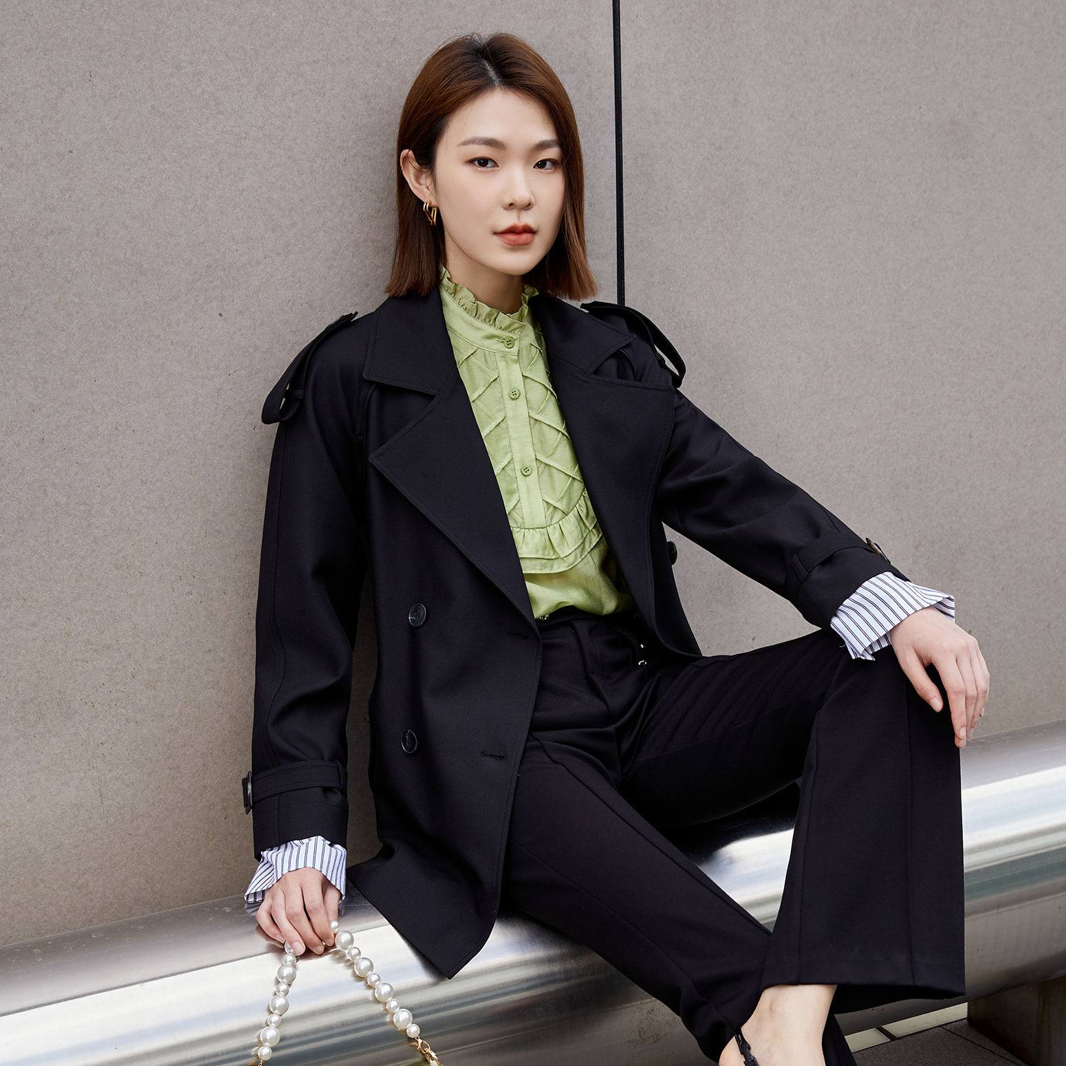 茜舞2025新款高级袖口拼接时尚流行一手长风衣【337187】