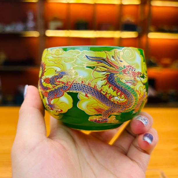 官方正品《龙腾天下》帝王绿琉璃玉瓷罗汉杯/容量160毫升/赠礼盒装