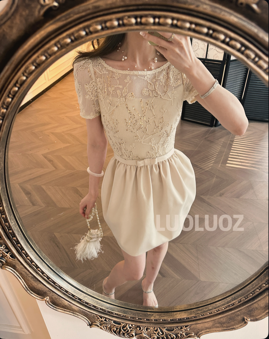 【现货】LUOLUOZ【花影漫游】气质网纱2025夏季收腰短款连衣裙JF834