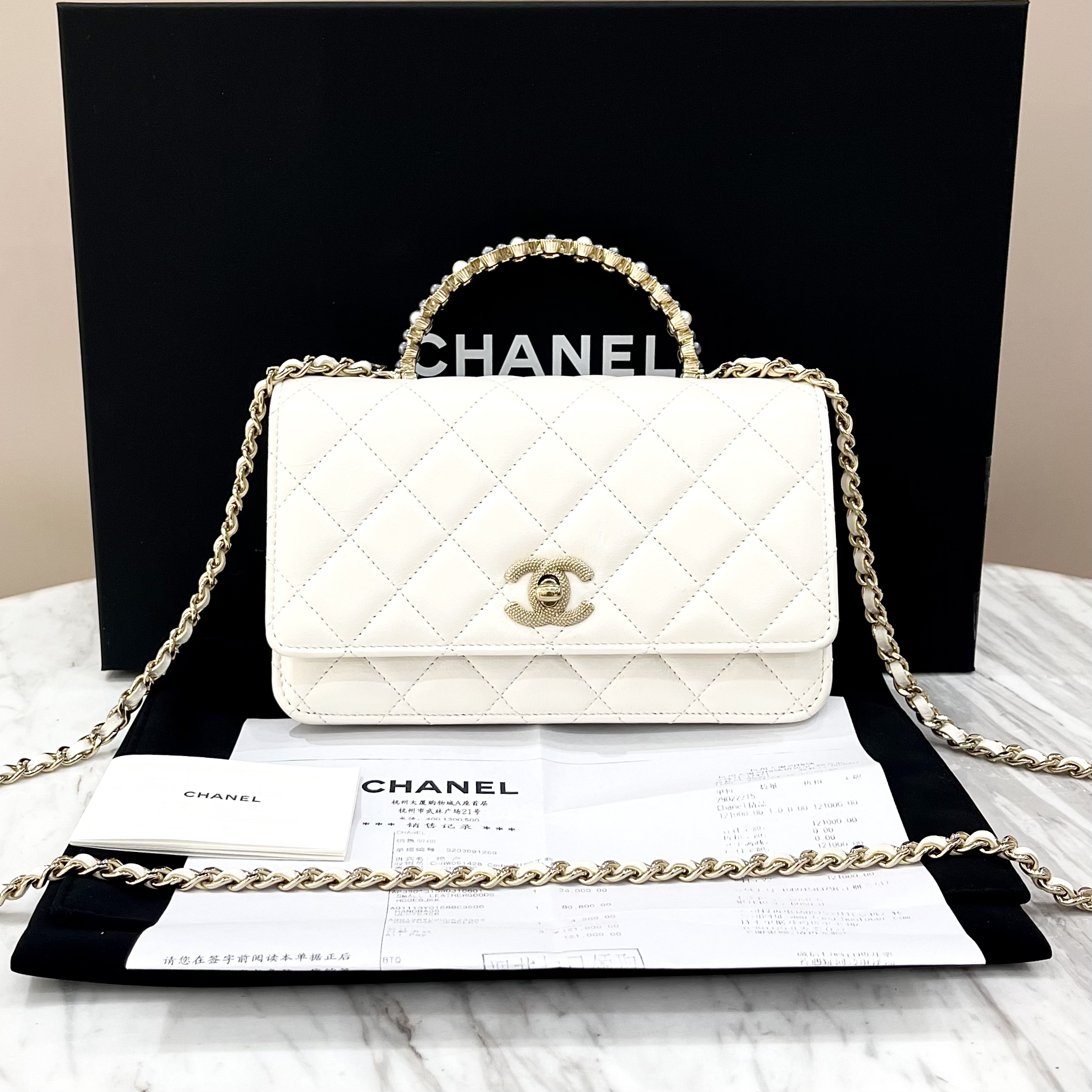 99新 Chanel/香奈儿 白金24P珍珠手柄woc链条包带票 尺寸约19*12