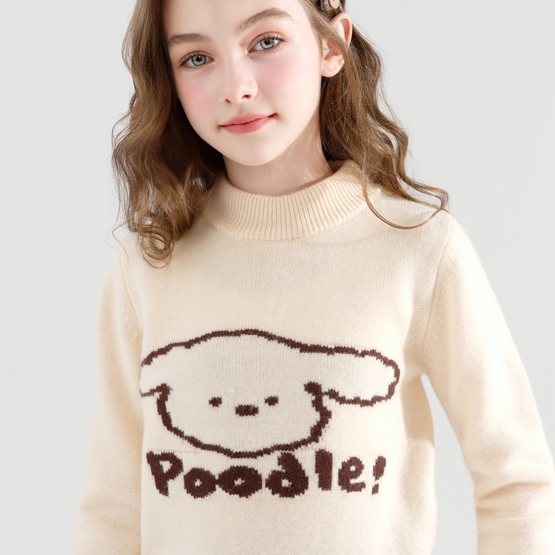 【100%纯羊毛】男女大童半高领卡通加厚套头长袖字母针织打底衫