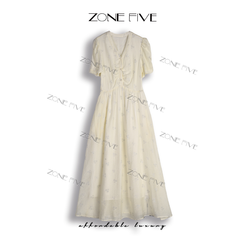 【zonefive】连袖高腰印花褶皱刺绣连衣裙连衣裙长裙复古小众