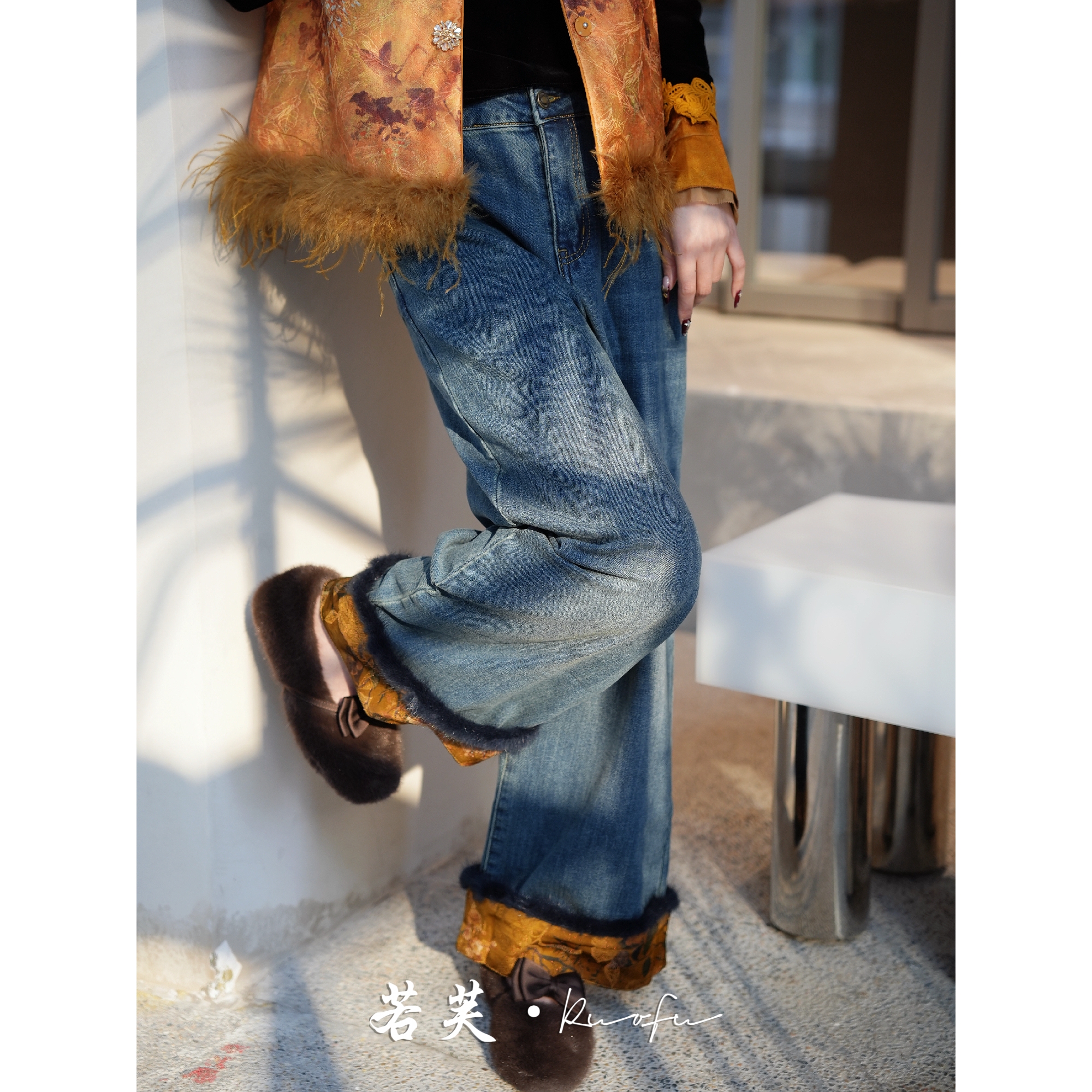 若芙｜【打开金禧】秋季高腰宽松显瘦经典复古拼接设计牛仔裤