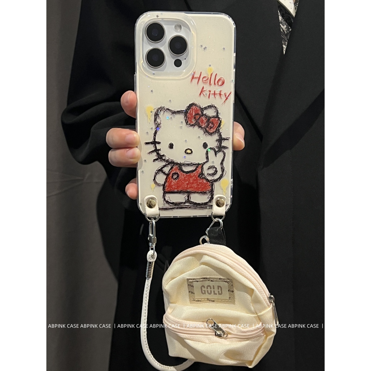 可爱卡通素描KT猫零钱包适用iPhone16promax苹果15手机壳14斜挎13