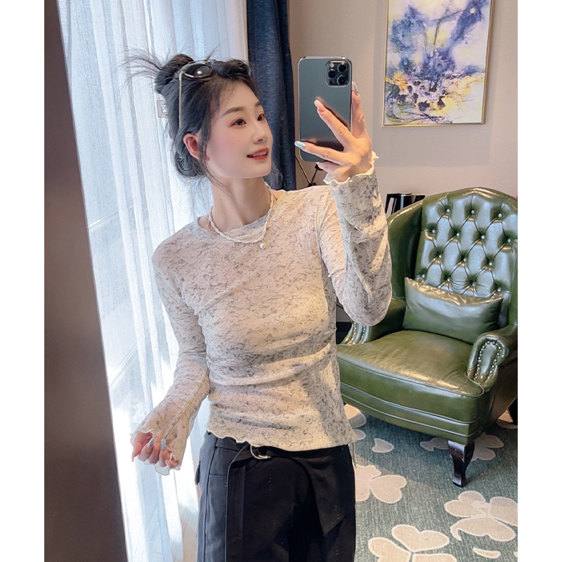 女装打底衫花纹百搭显瘦长袖修身型木耳边T恤网红时尚小衫