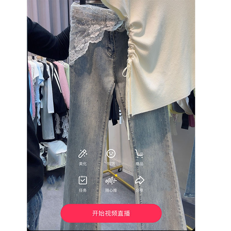 808 高腰重工烫钻微喇牛仔裤女