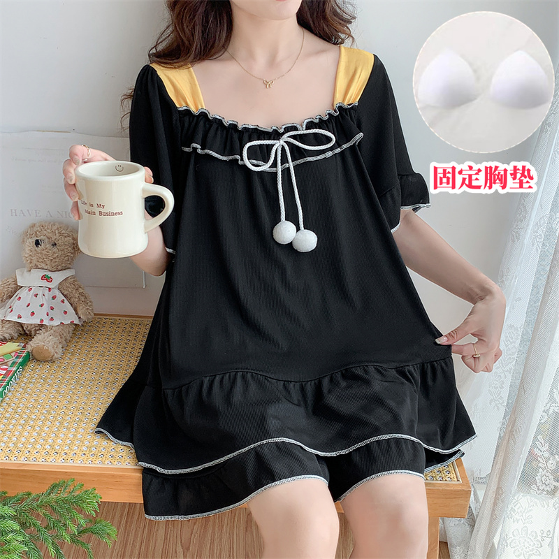 【220斤】夏季短袖睡衣女带胸垫纯色公主宽松加肥大码家居服两件套