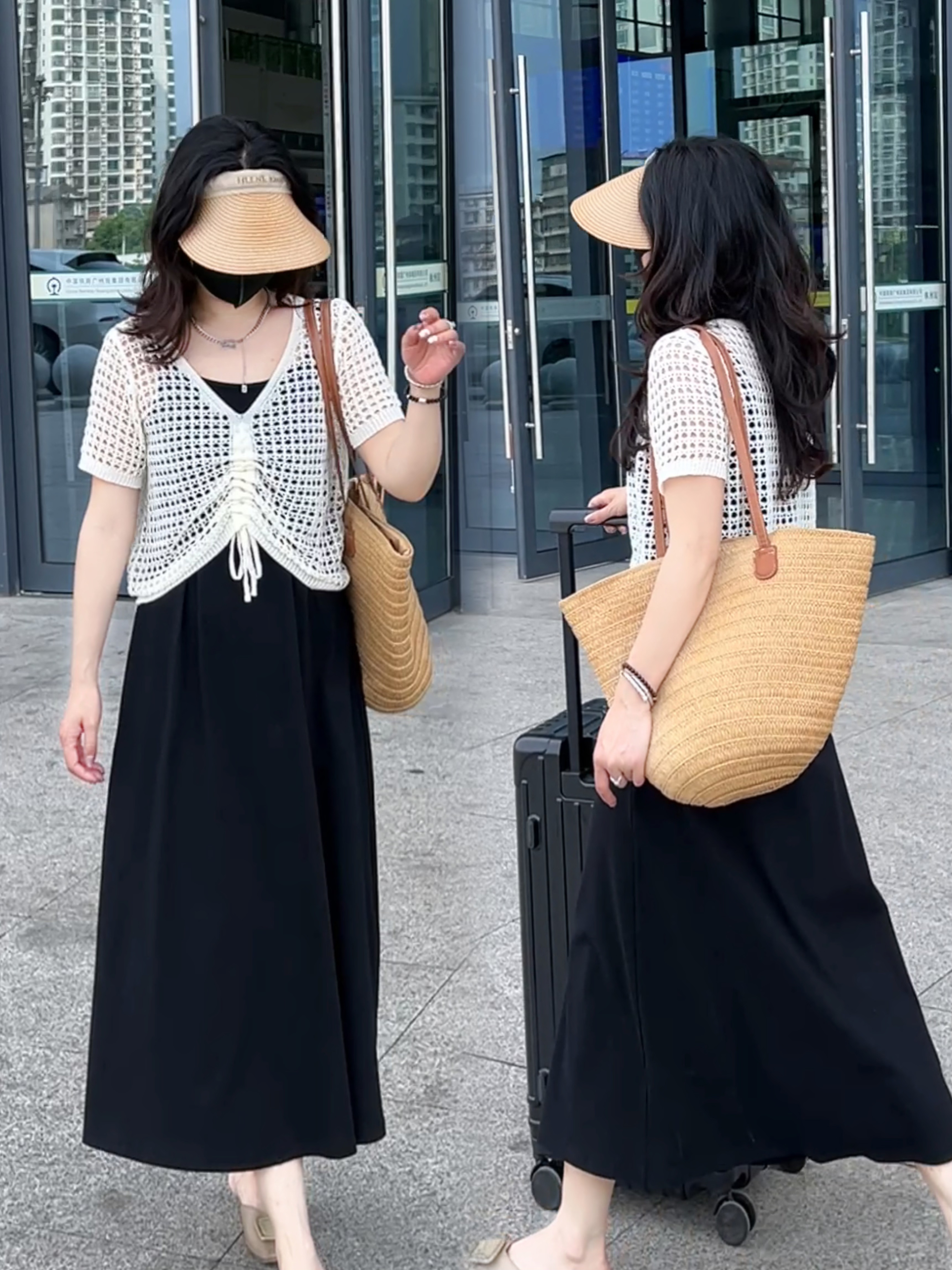【短袖】夏新款镂空两件套休闲遮肉显瘦针织连衣裙套裙洋气套装