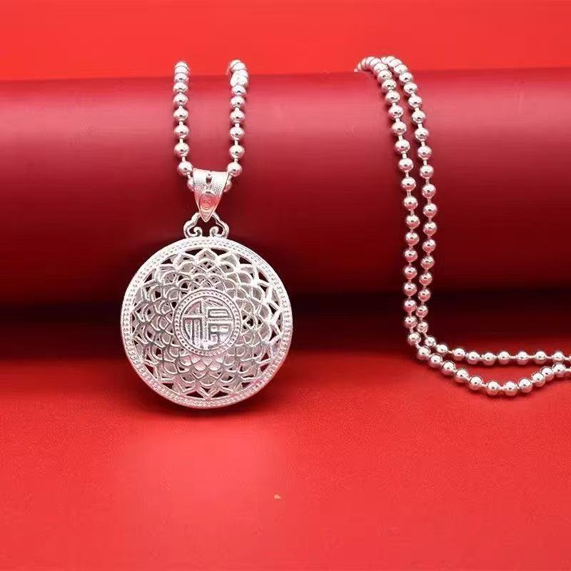 吊坠足银 足银八宝罗盘吊坠999纯银项链镂空莲花挂坠