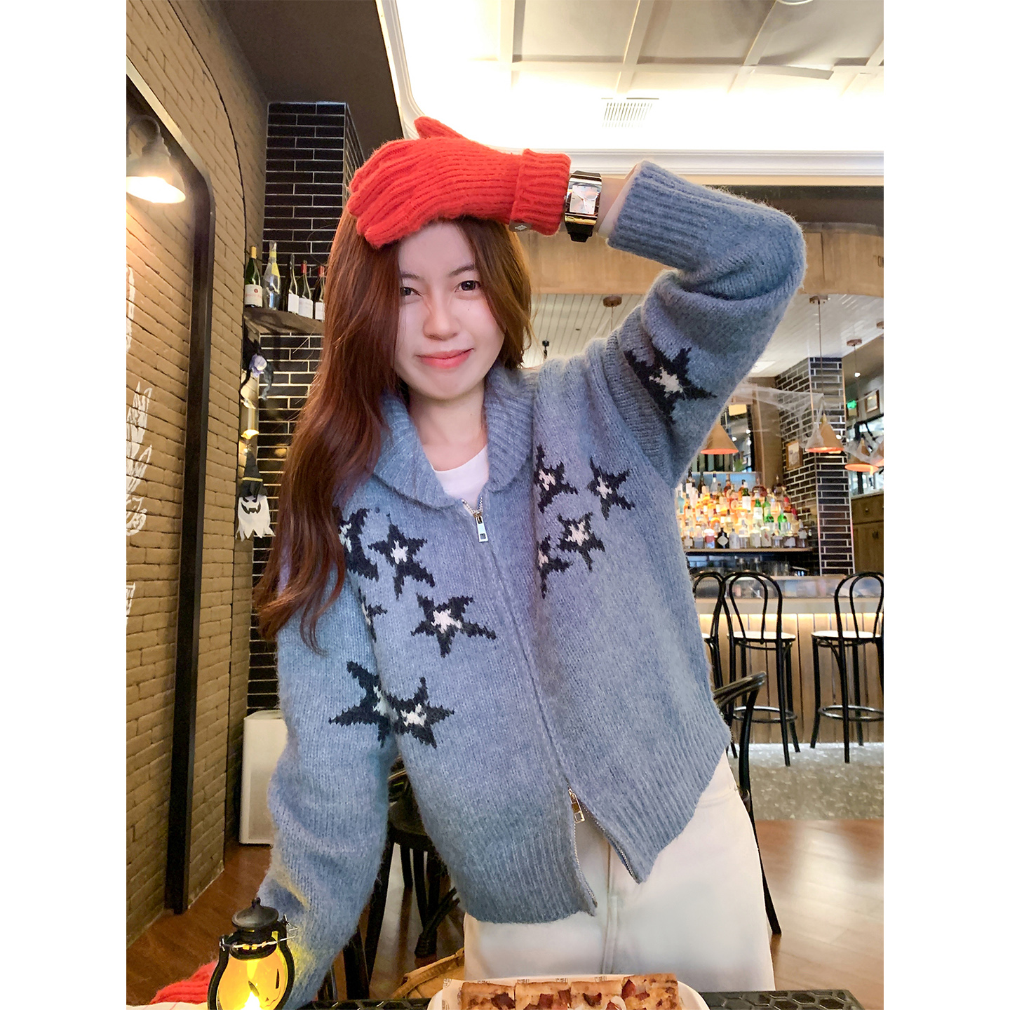 曾小咸 韩系蓝色翻领拉链毛衣开衫ZA54MZJ1738