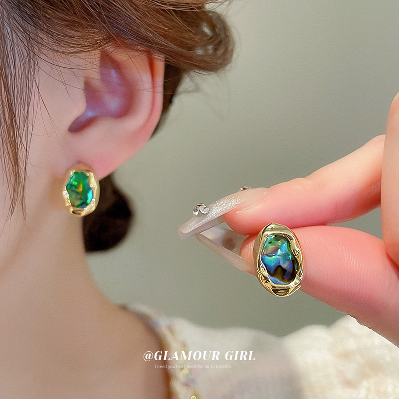 铜合金贝壳耳饰 天然新西兰澳洲深海鲍鱼贝椭圆随形简约耳钉