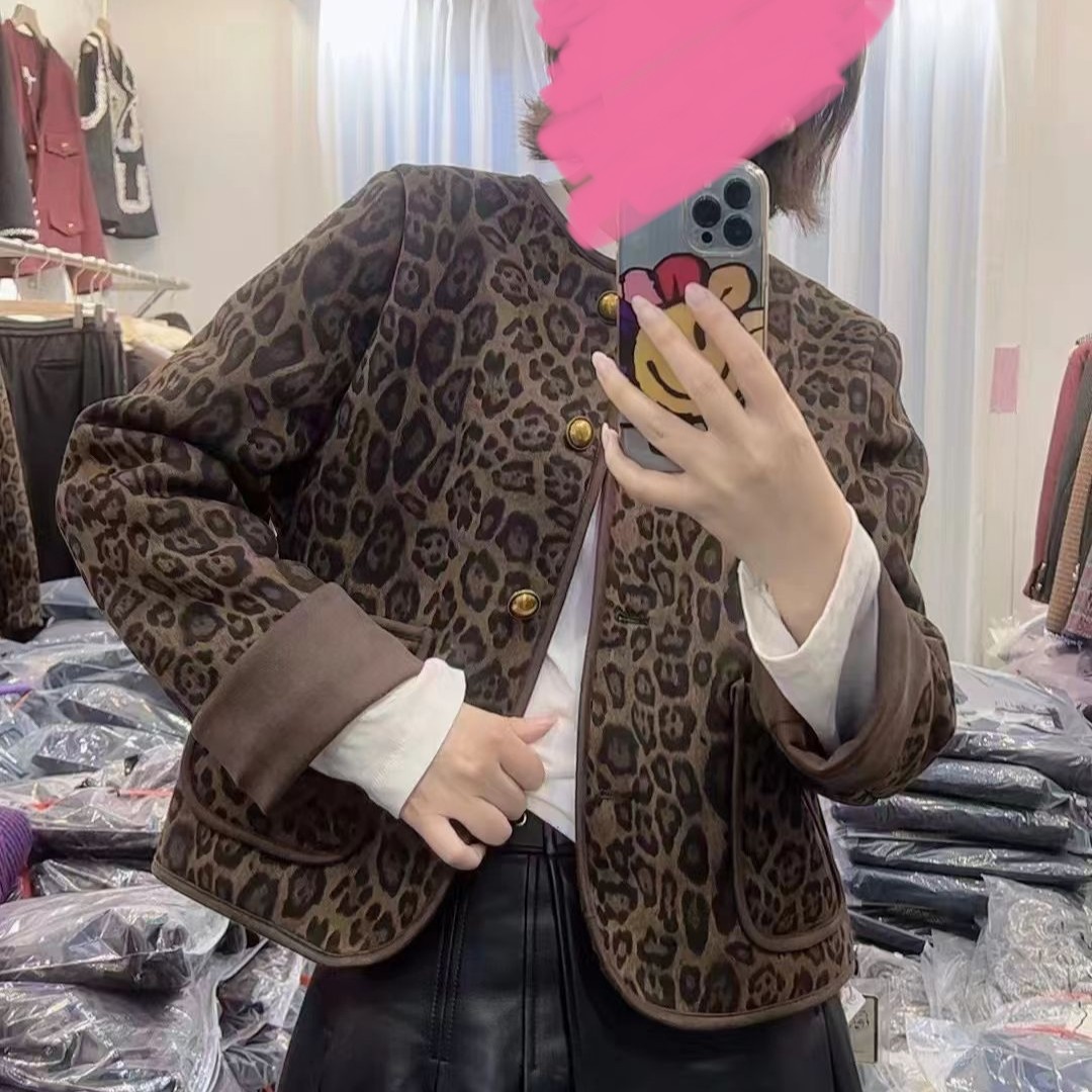 秋冬新款加绒豹纹女士短外套显瘦洋气