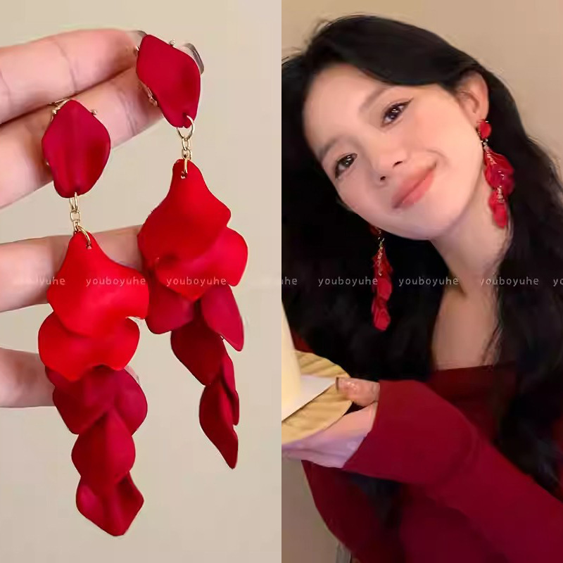 欧美夸张长款流苏花瓣耳环女新年喜庆红色花朵耳钉个性时尚耳饰品