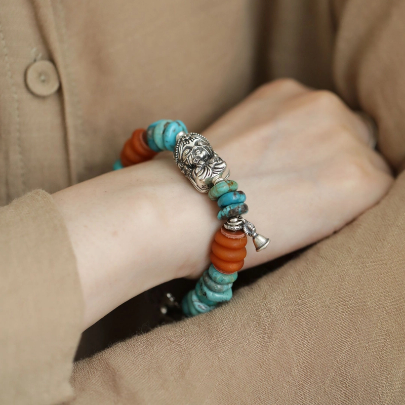 925银手链 柒 S10873 绿隔片松度母金刚杵铃铛坠手链多样发民族风