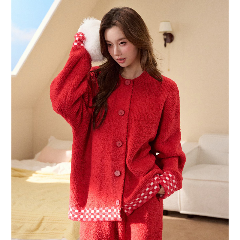 浪莎秋冬新年款加厚小个子可外穿半边绒居家服喜套装大码女款格子