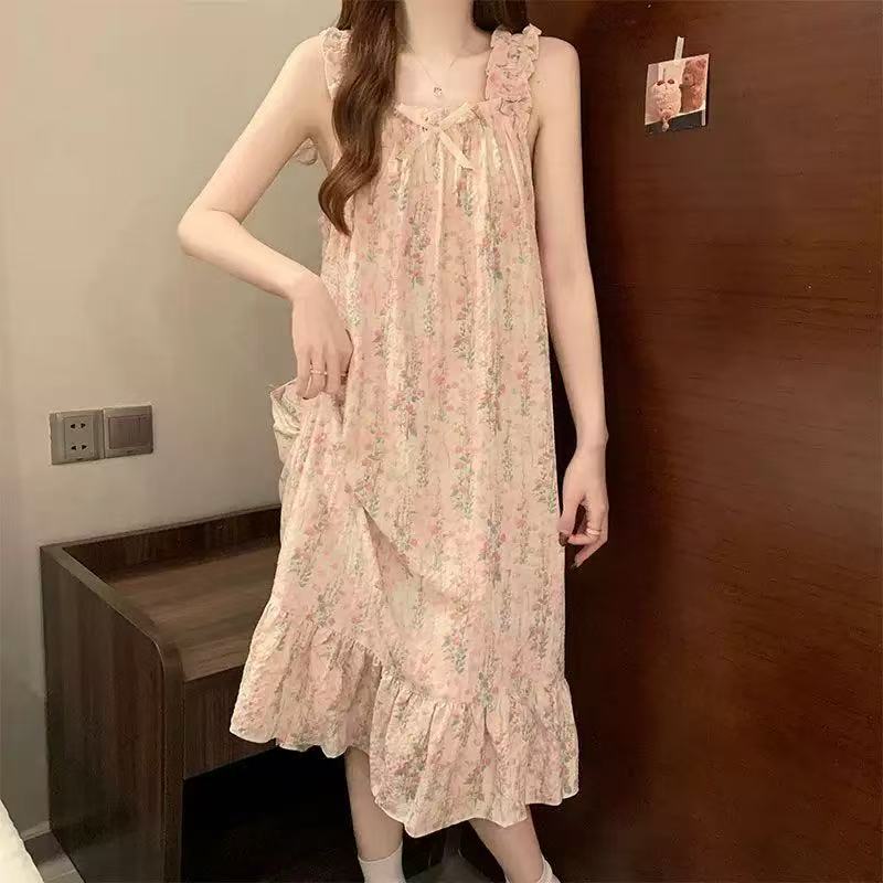 （浪漫）吊带睡裙连衣裙方领甜美碎花女长款无袖法式夏季薄款