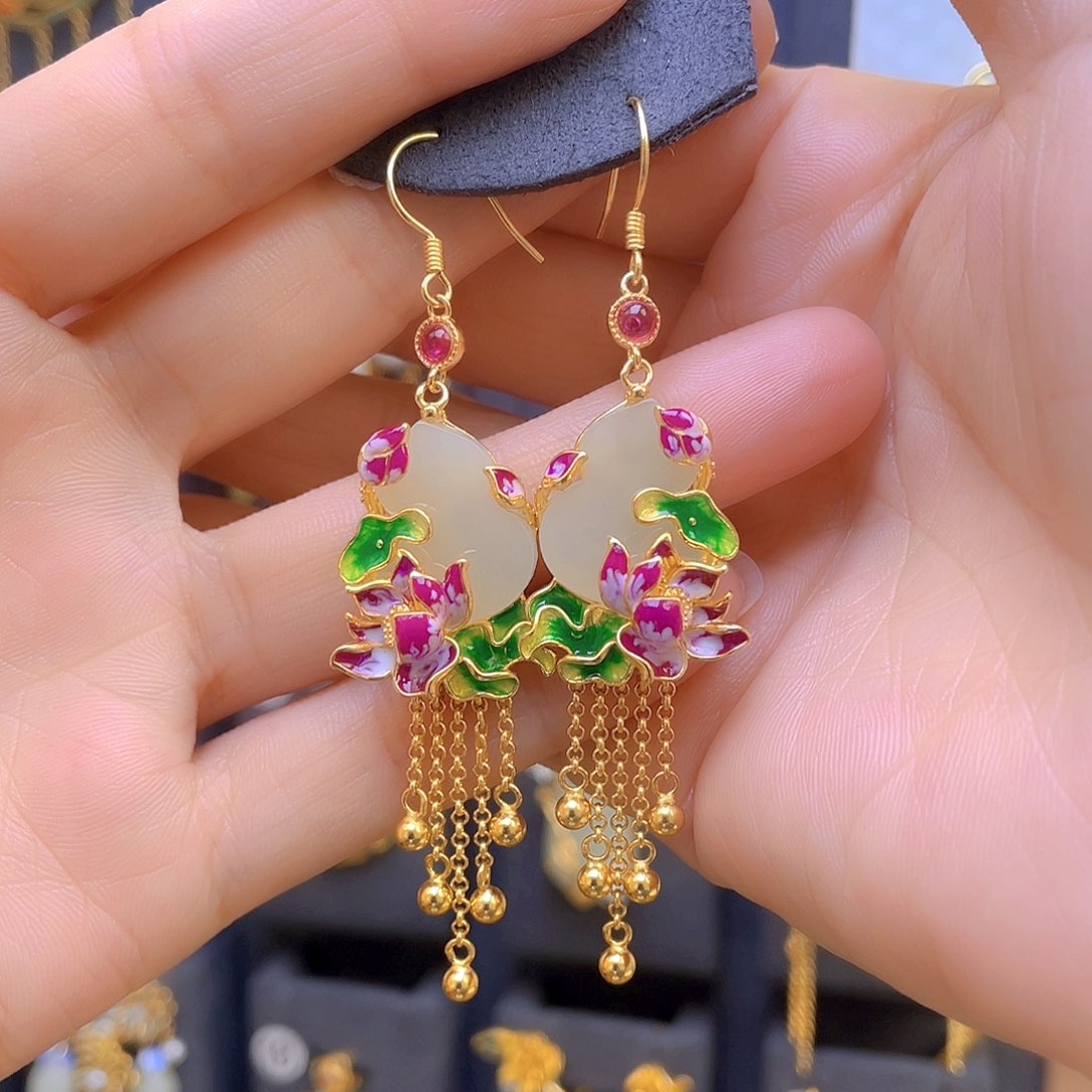 和田玉耳饰银S925镀金镶嵌