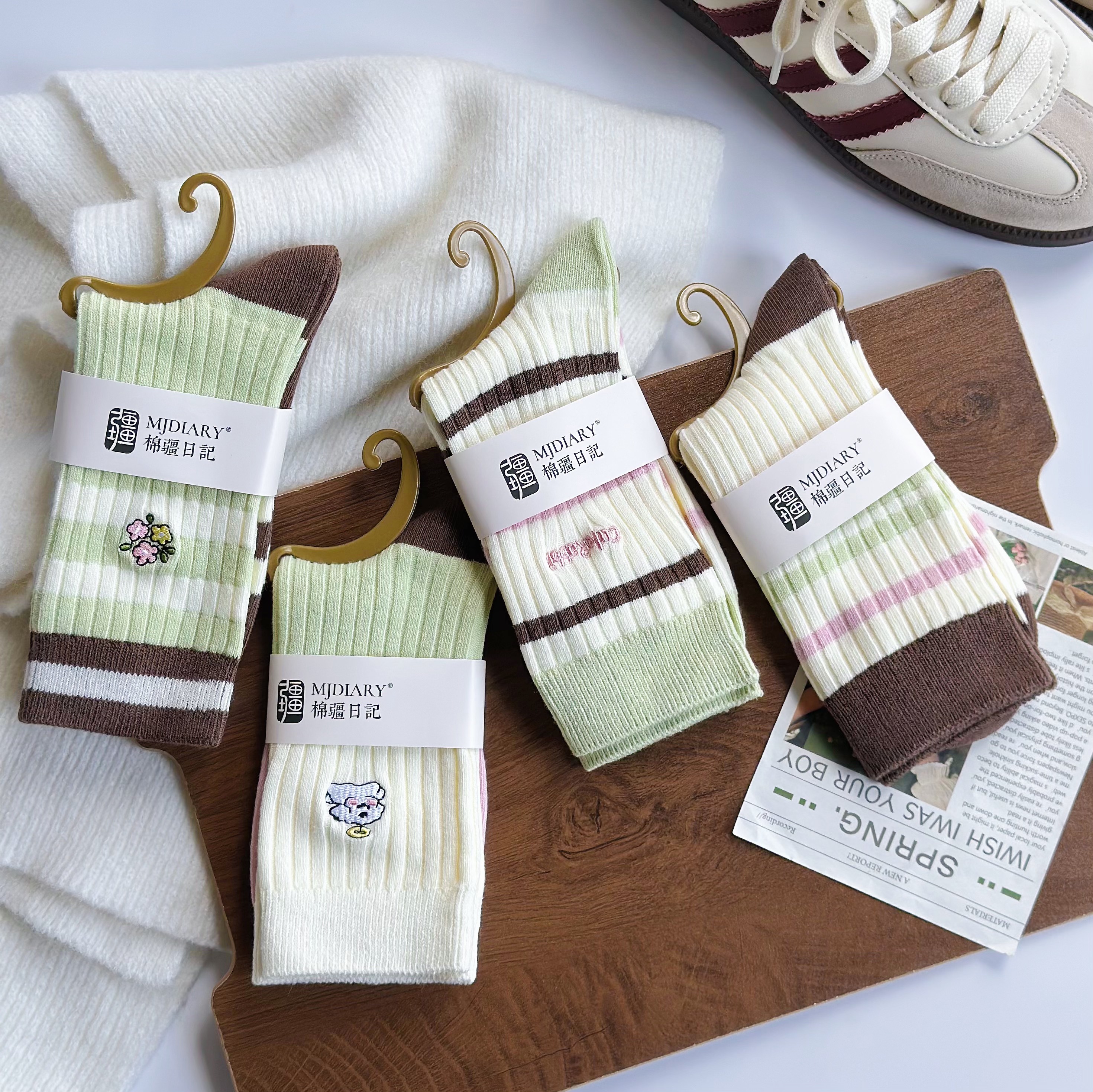 【粉绿小花】双针百棉女袜条纹潮款吸汗透气柔软舒适纯棉袜