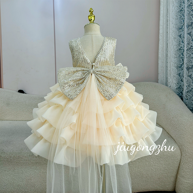 【琼楼金雀】高级香槟金短款亮片大蝴蝶结公主裙花童主持人钢琴洋气